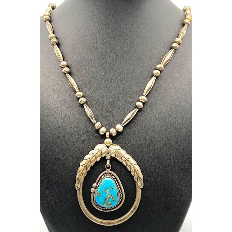 Old Pawn Navajo Squash Blossom Necklace Sterling Kingman Turquoise 57Gr 26L (1 of 6)