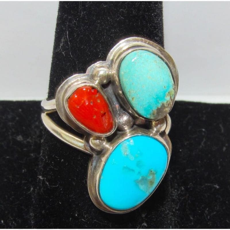 Navajo Cactus Ring Sz 10 Sterling Silver Royston Turquoise Mediterranean Coral (1 of 5)
