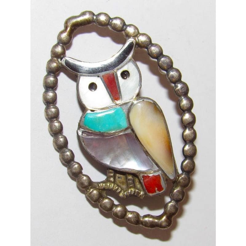 Old Pawn Zuni Inlay Owl Pin Brooch Sterling Silver Native Vintage (1 of 5)