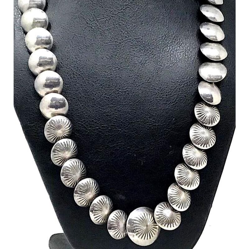 VTG Pillow Beads Navajo Pearls Necklace Hand Stamped Design 22"L 80G: Phenomenal vintage Navajo pearls pillow beads necklace. Hand etched, hand stamped traditional design, strung on a foxtail chain. Hand stamped on the bottom & smooth on the top oval pillow beads design