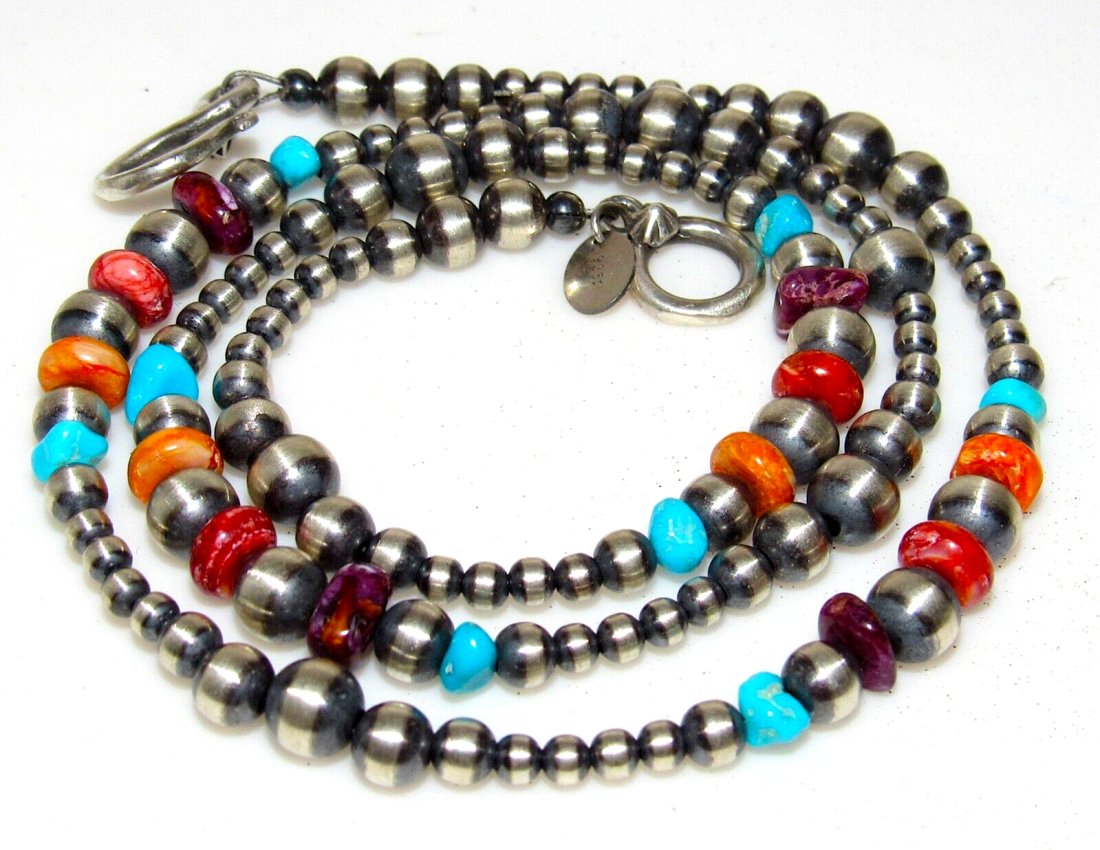Navajo Pearls Necklace Sterling Silver Turquoise Orange Spiny 20" Foxtail Strung (1 of 3)
