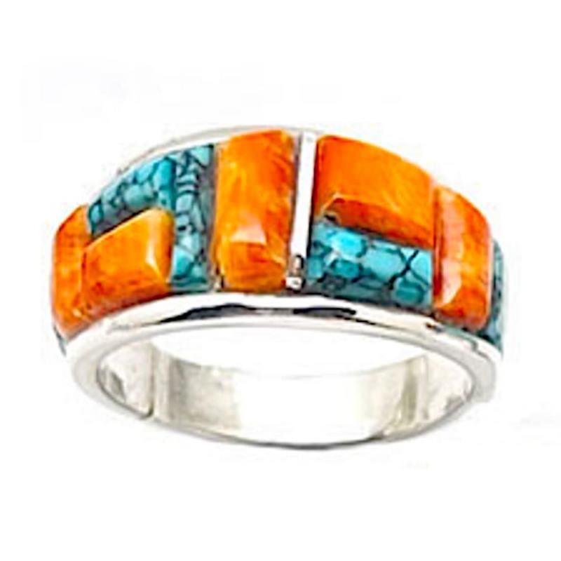 Navajo Turquoise Orange Spiny Cobble Inlay Ring Sz 8 Sterling Silver E. Yazzie (1 of 4)