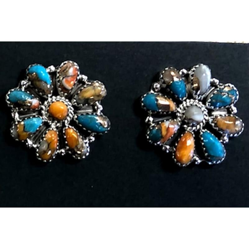 Navajo Orange Spiny Turquoise Cluster Earrings Sterling Silver O. Moses (1 of 3)