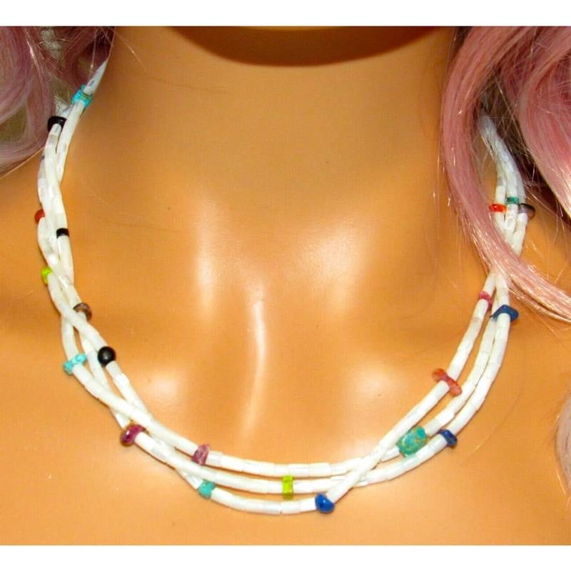 Navajo 3 Strand Rolled Mother of Pearl Heishi Choker Necklace 18L by Ramona Bird: Stunning Navajo Royston Mother of Pearl, turquoise, coral, spiny oyster 3 strand rolled heishi beads choker necklace with sterling silver cones & clasp by the collectible Navajo artist Ramona Bird. Me