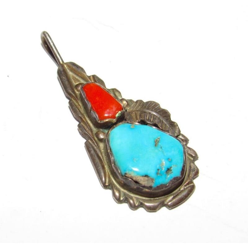 Old Pawn Zuni Vance Cheama Pendant Turquoise Coral Sterling Silver Native (1 of 4)