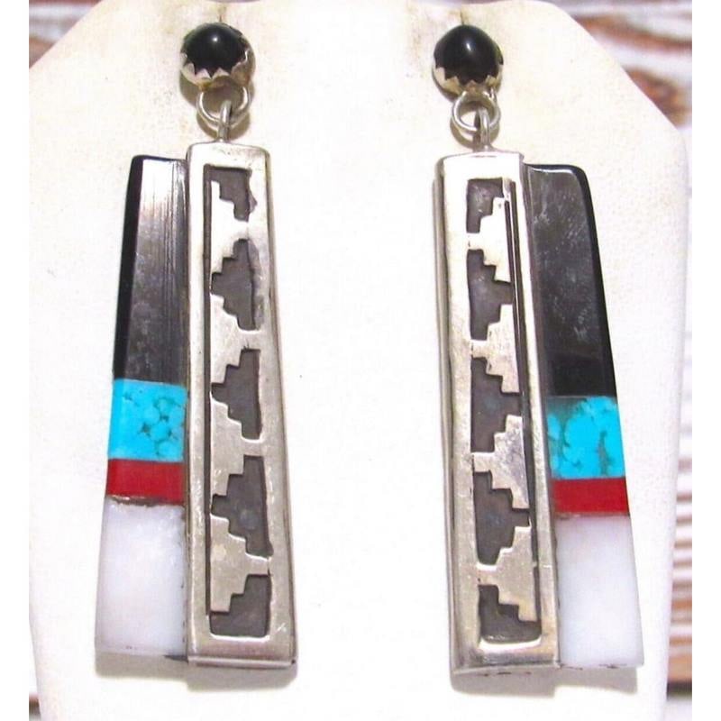 Navajo Onyx Turquoise Coral MOP Dangle Earrings Sterling Silver E. Jackson (1 of 6)