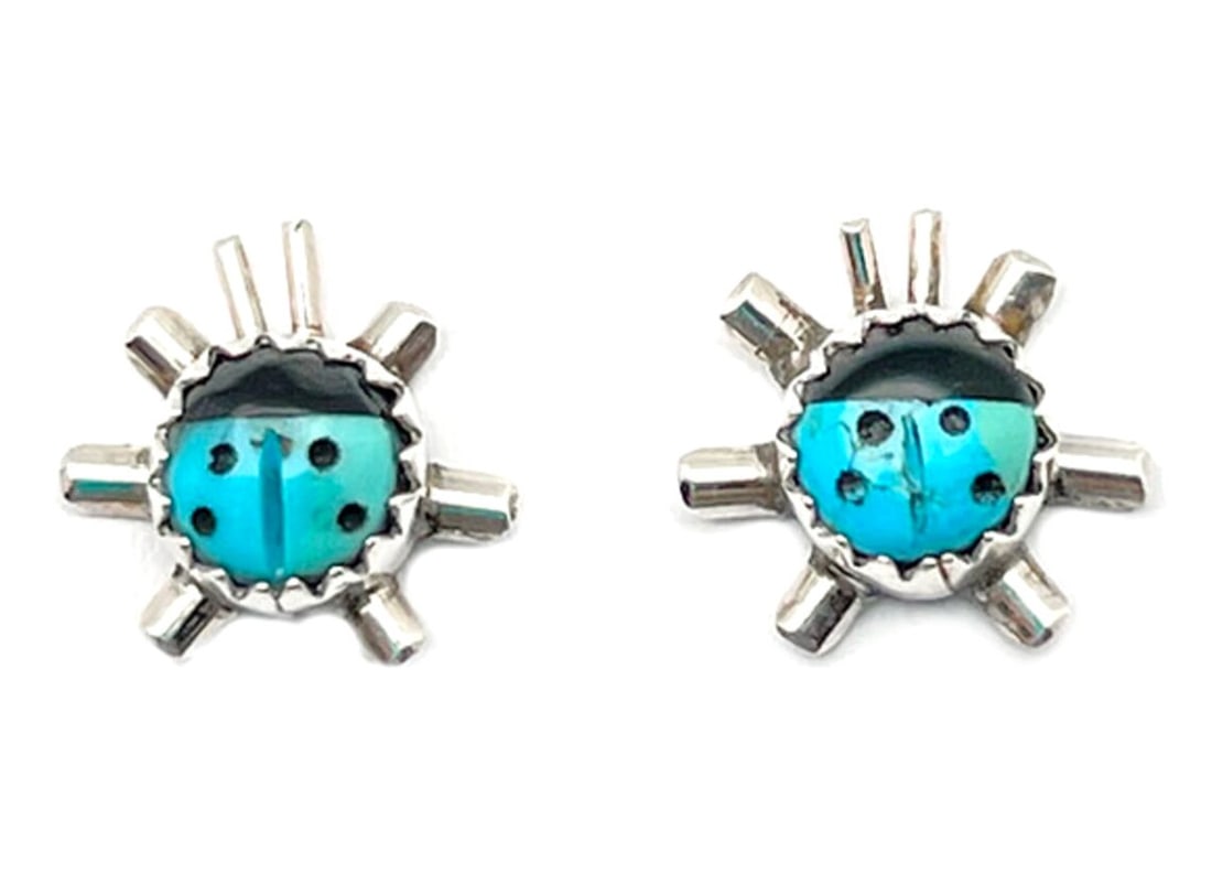 Navajo Lady Bug Inlay Post Earrings Turquoise Jet A. McCabe (1 of 3)