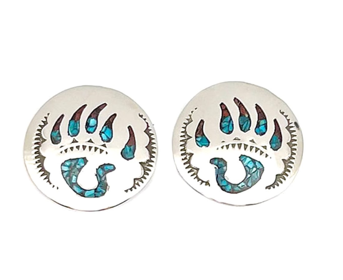 Navajo Earrings Bear Paw Design Turquoise Coral Inlay Joleen Yazzie (1 of 3)