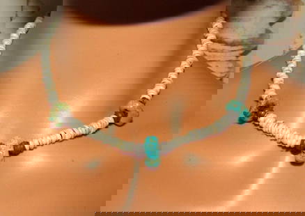 Old Pawn Navajo Heishi Choker Necklace Turquoise Nugget Rolled Shell Native: Wonderful Old Pawn Navajo beaded heishi choker necklace with vintage Kingman mine turquoise nuggets, rolled shell beads with sterling silver clasp. The necklace is a traditional single strand design a