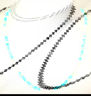 Navajo Rolled Turquoise & Navajo Pearls Heishi Choker Necklace Native 18L: Stunning Navajo Kingman turquoise small rolled beads and sterling silver beads Navajo pearls choker necklace with sterling silver clasp. Measures about 18" long. Rolled turquoise bead color and matrix