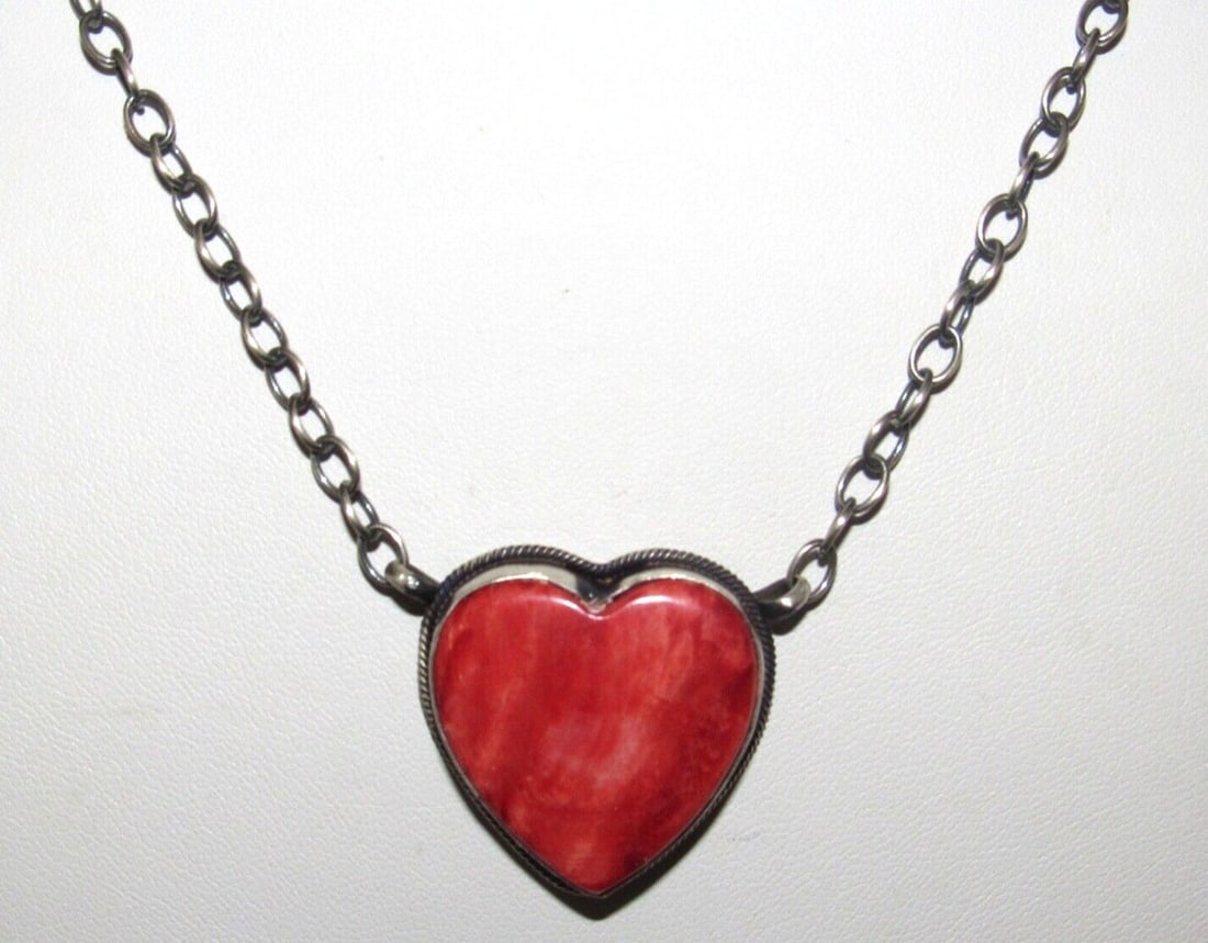 Navajo Red Spiny Heart Bar Necklace Sterling Silver Native American Signed (1 of 6)