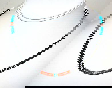 Santo Domingo Rolled Shell Orange Spiny & Turquoise Heishi Choker Necklace 16"L: Stunning Santo Domingo pen shell, orange spiny & Kingman turquoise rolled heishi beads choker necklace with sterling silver clasp by the Santo Domingo artist J. Tenorio. Measures about 16" long. Gorge
