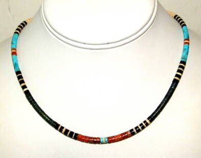 Santo Domingo Rolled Shell Orange Spiny & Turquoise Heishi Choker Necklace 16"L: Stunning Santo Domingo pen shell, orange spiny & Kingman turquoise rolled heishi beads choker necklace with sterling silver clasp by the Santo Domingo artist J. Tenorio. Measures about 16" long. Gorge
