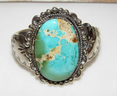 Navajo Royston Turquoise Statement Cuff Bracelet Sterling Native American 7" 39G: For your consideration is this stunning statement Navajo sterling silver, and phenomenal large gem grade Royston turquoise stone statement cuff bracelet. Measures impressively 2" wide on the front. Th