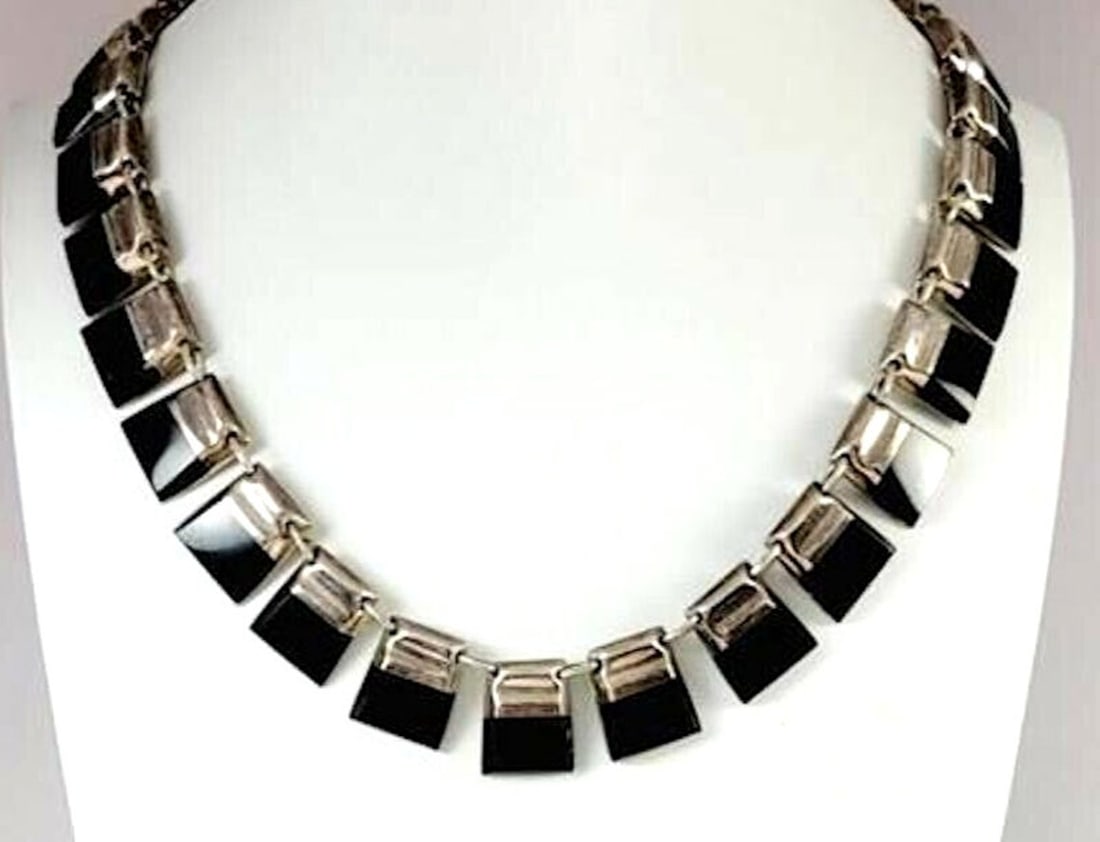 Mexican Taxco Necklace Sterling Silver Black Obsidian 16" Statement Bib Necklace (1 of 6)