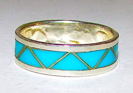 Native American Zuni Sterling Silver Sleeping Beauty Mine Turquoise Inlay Ring Band Size 8: For your consideration is this wonderful vintage Old Pawn Zuni sterling silver and Sleeping Beauty Mine turquoise inlay ring in size 8 in nice vintage condition. This fab band ring features classic vi