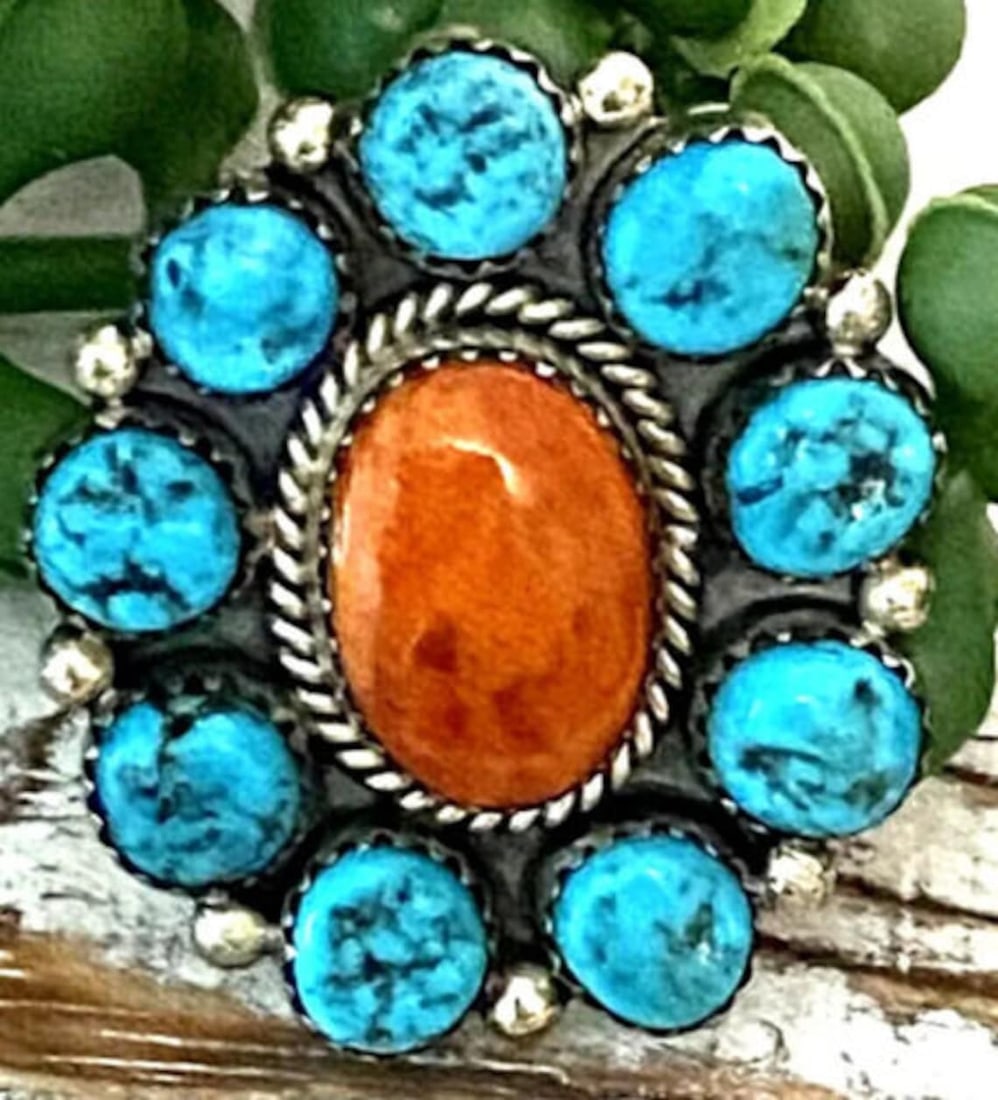 Navajo Orange Spiny Turquoise Cluster Ring Sz 8 Sterling Silver (1 of 5)