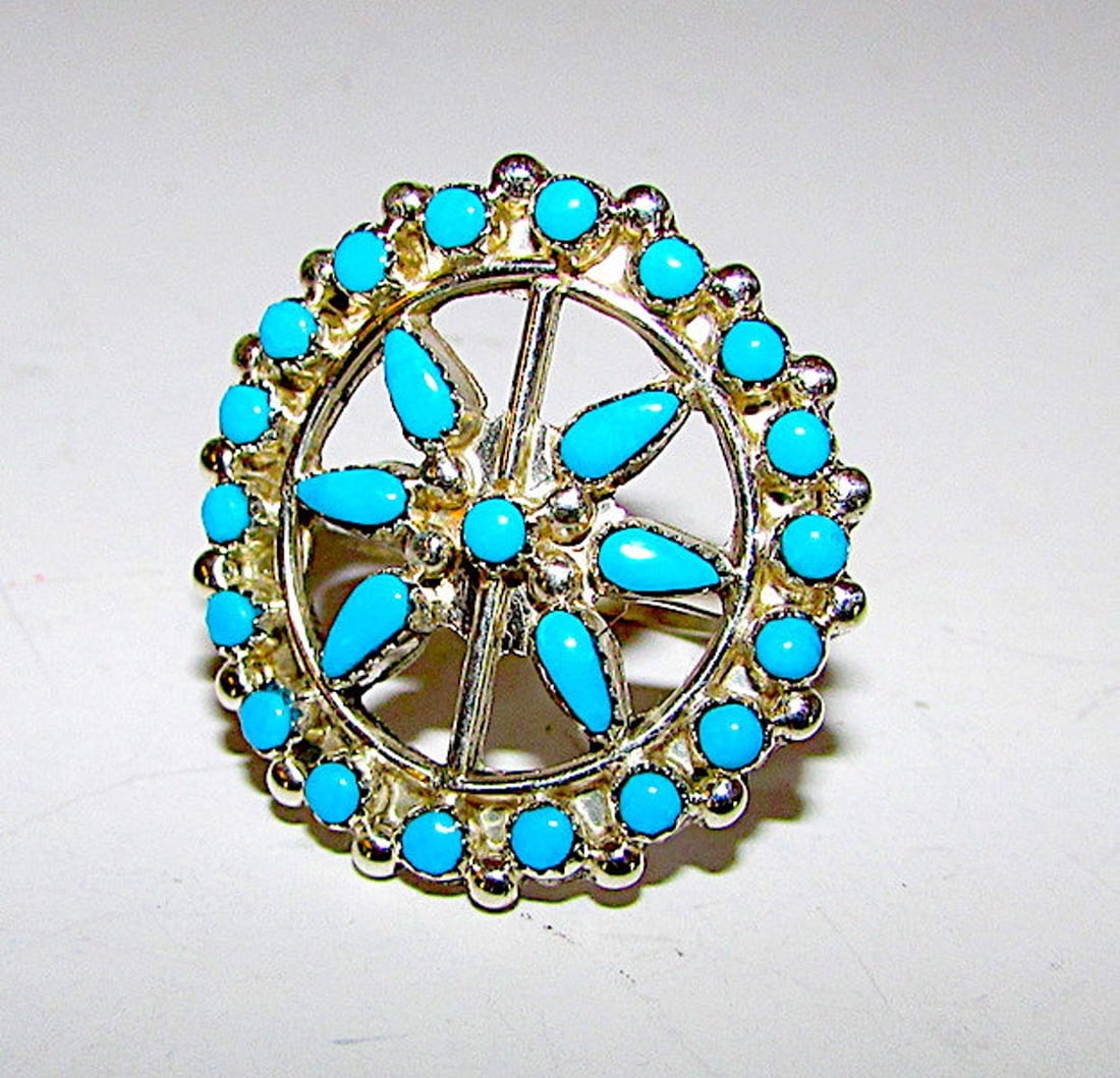 Zuni Sterling Silver Sleeping Beauty Mine Turquoise Cluster Design Ring Size 7 (1 of 4)