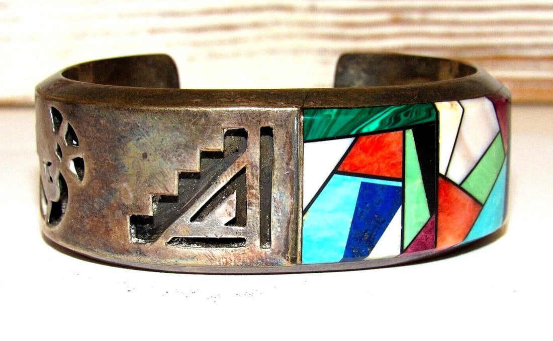 NAVAJO Dean Brown Museum Quality Cuff Bracelet Sterling Silver Stone Inlay VTG (1 of 10)