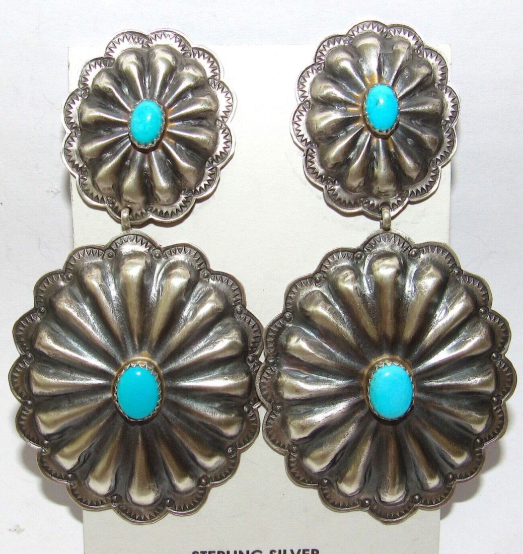 Navajo Statement Concho Earrings Sterling Silver Sleeping Beauty Turquoise 3"L (1 of 7)