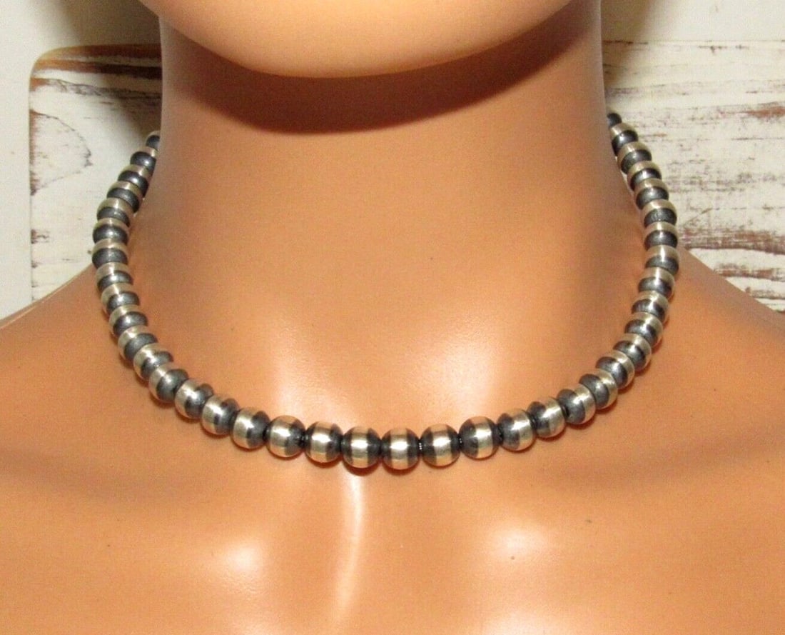 8mm Navajo Pearls Necklace Sterling Silver Choker Necklace 16"L (1 of 4)