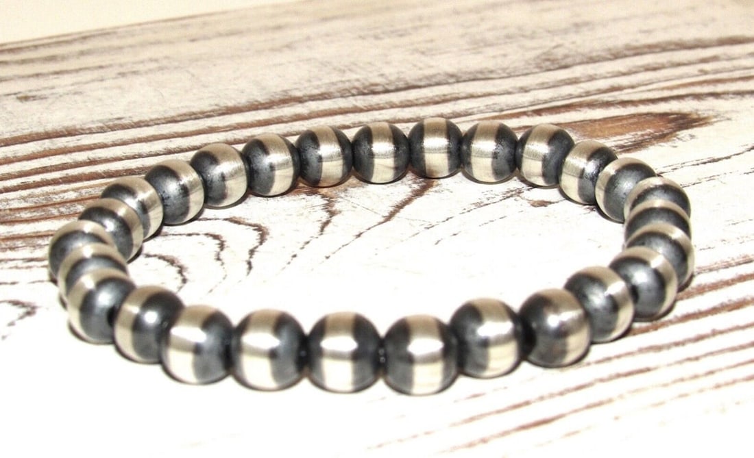 Native American Handmade Sterling Silver Navajo Pearl Beaded 7" Stretch Bracelet (1 of 6)