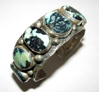 Navajo Adam Fierro Apache Variscite Sterling Cuff Bracelet Singed 75Gr 7" Wrist: Spectacular, investment worthy Adam Fierro sterling silver and a stunning, larger rare Apache variscite cabochons cuff bracelet. The cuff measures about 1 1/4" wide at the widest point on the front, t