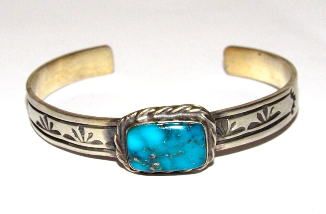 Navajo Kingman Turquoise Stacker Cuff Sterling Hand Etched Bracelet Signed (1 of 4)