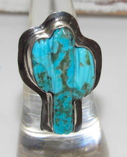 Navajo Turquoise Cactus Ring Size 7 Sterling Silver Native American Signed: For your consideration is this wonderful Native American Navajo sterling silver and carved saguaro turquoise cactus ring size 7.5. This fabulous ring features a hand etched, hand carved turquoise cact