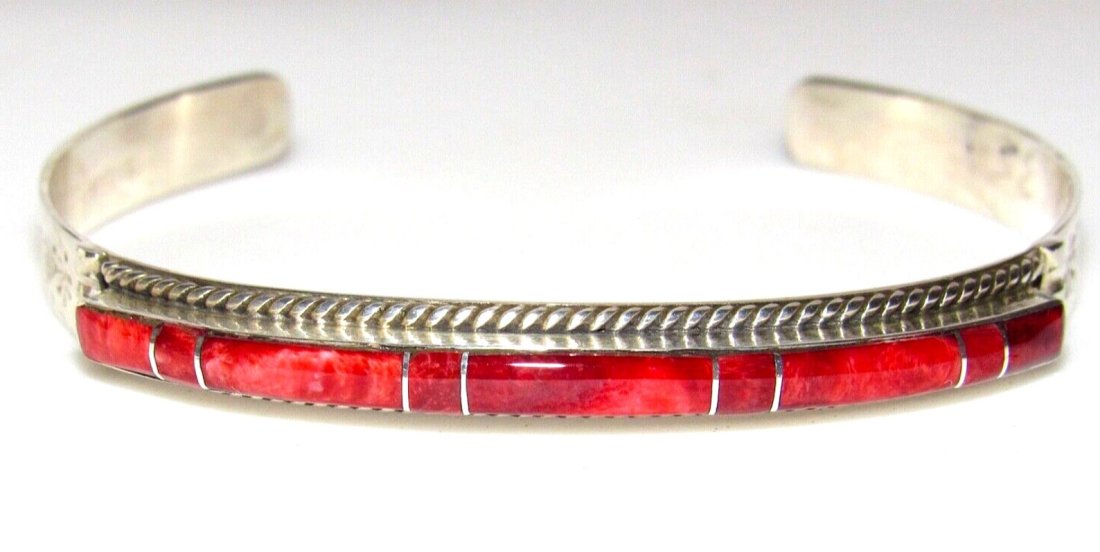 Zuni Red Spiny Inlay Cuff Bracelet Sterling Silver Signed (1 of 4)