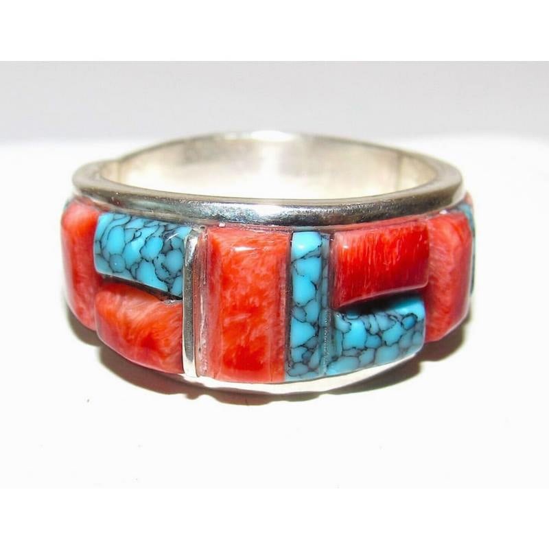 Navajo Turquoise Coral Cobble Inlay Ring Sz 8 Sterling Silver Edison Yazzie (1 of 5)