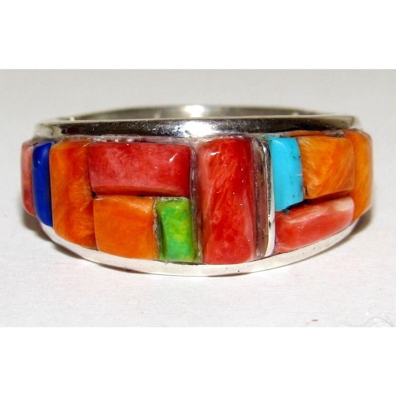 Navajo Red & Orange Spiny Cobble Inlay Ring Sz 7.5 Sterling Silver E. Yazzie (1 of 6)