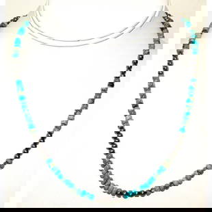 Navajo Rolled Turquoise & Navajo Pearls Heishi Choker Necklace Native 18L: 4 interest-free payments of $19.99. Learn MoreStunning Navajo Kingman turquoise small rolled beads and sterling silver beads Navajo pearls choker necklace with sterling silver clasp. Measures about 18