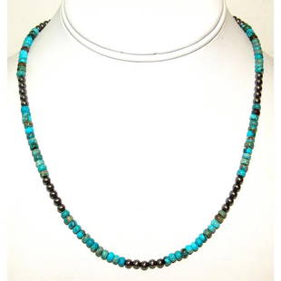 Navajo Rolled Turquoise & Navajo Pearls Heishi Choker Necklace Native 18L: 4 interest-free payments of $19.99. Learn MoreStunning Navajo Kingman turquoise small rolled beads and sterling silver beads Navajo pearls choker necklace with sterling silver clasp. Measures about 18