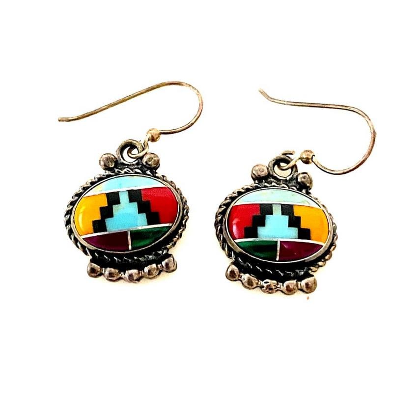 Southwestern Dangle Earrings Multi Stone Mosaic Inlay Sterling Silver Vintage (1 of 6)