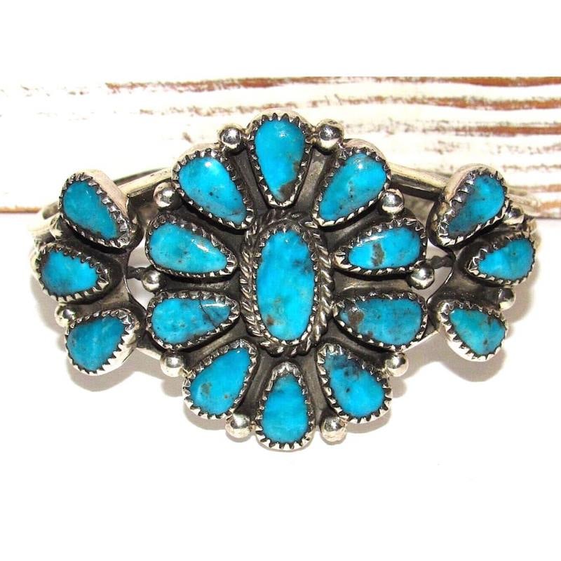 Navajo Kingman Turquoise Cluster Cuff Bracelet Sterling Silver Native American (1 of 9)