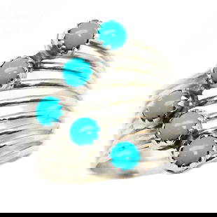 Zuni Snake Eye Turquoise Cluster Ring Size 7 Sterling Silver Native American: For your consideration is this stunning Zuni sterling silver and snake eye Sleeping Beauty mine turquoise cluster ring in size 7. Unique, contemporary design. Signed by the artist, stamped sterling. S