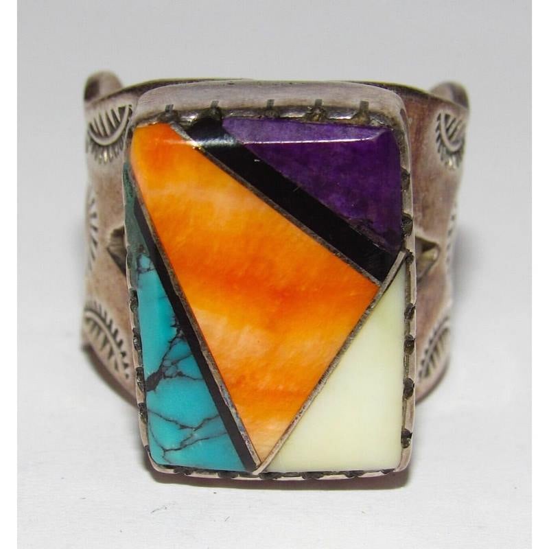 Old Pawn Navajo Turquoise Sugilite Spiny Inlay Ring Size 7.5 Sterling LE Platero (1 of 5)