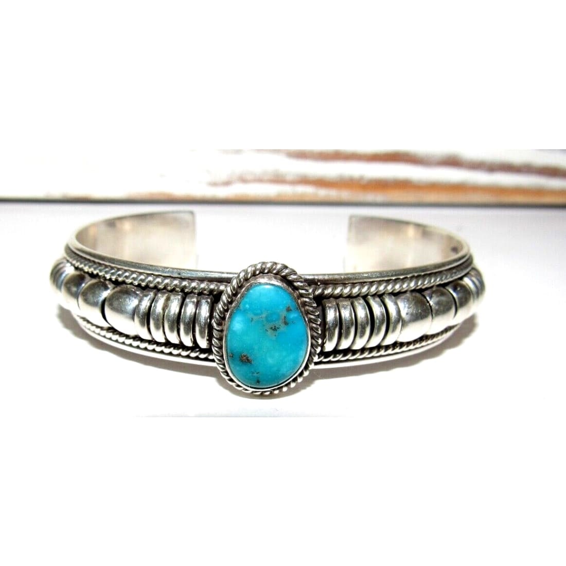 Navajo Sterling Silver Kingman Turquoise Cuff Bracelet Thomas Charley (1 of 8)