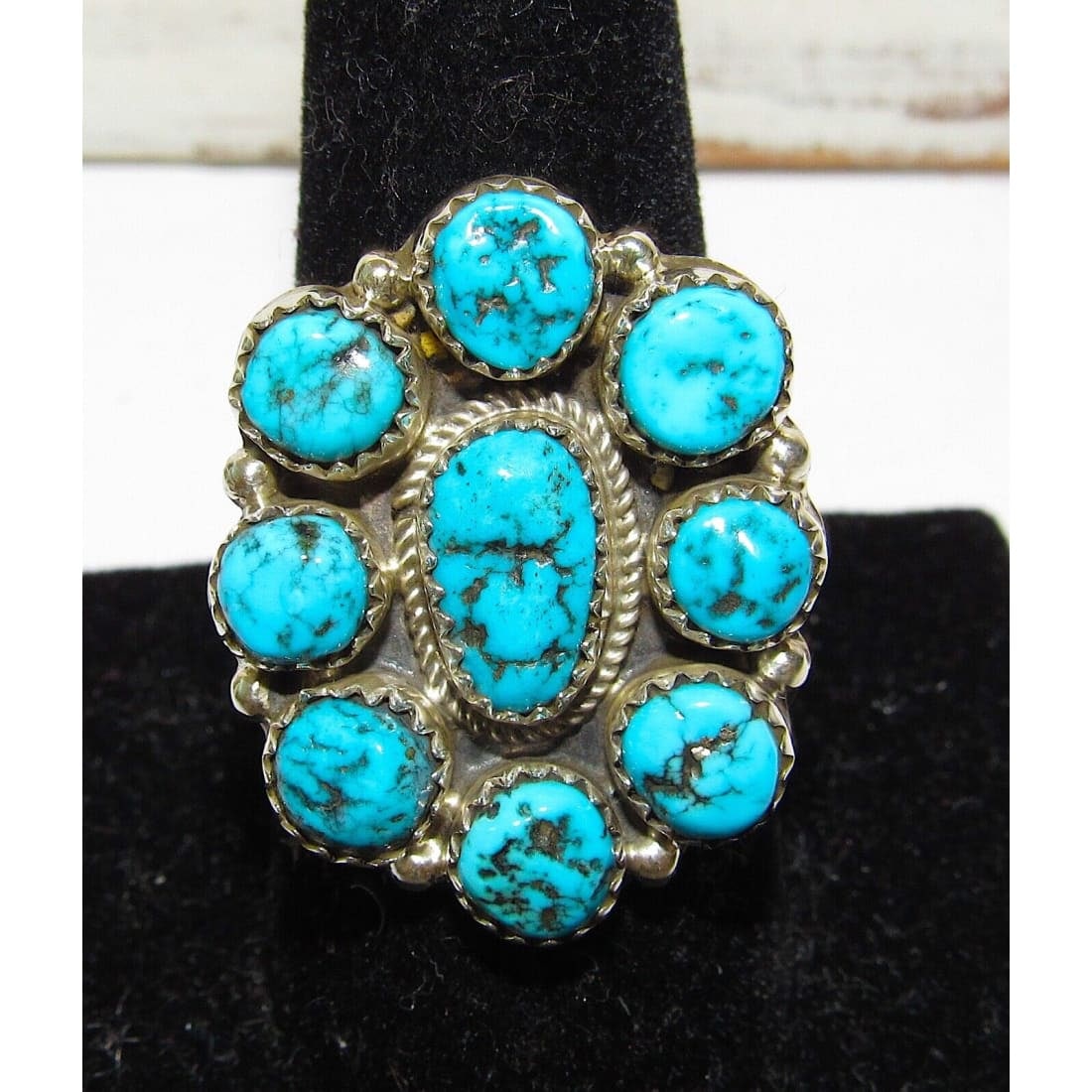 Navajo Kingman Turquoise Cluster Ring Sz 9.5 Sterling Silver Native Signed (1 of 5)