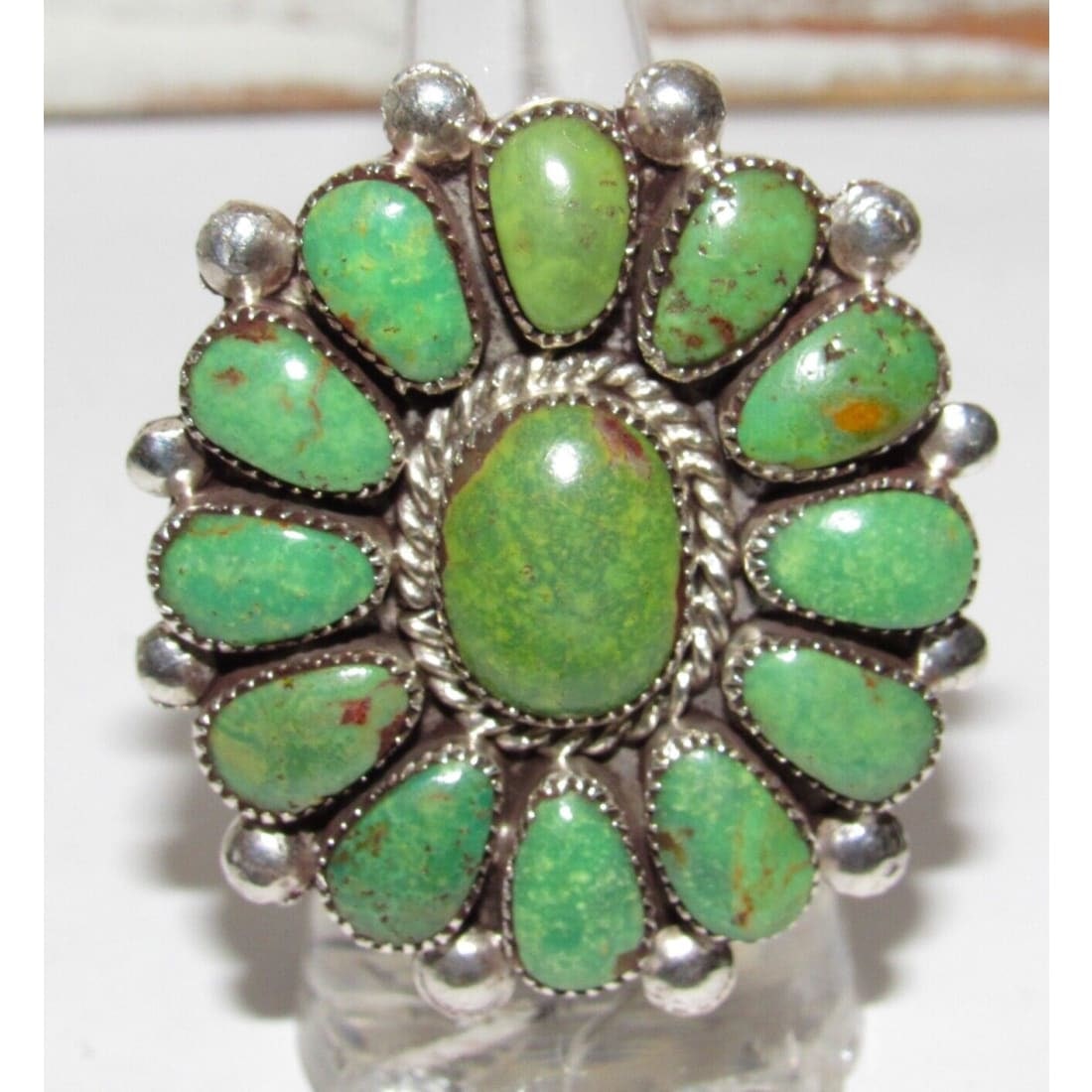 Zuni Emerald Valley Turquoise Statement Cluster Ring Sz 8 Sterling L. Waatsa (1 of 5)