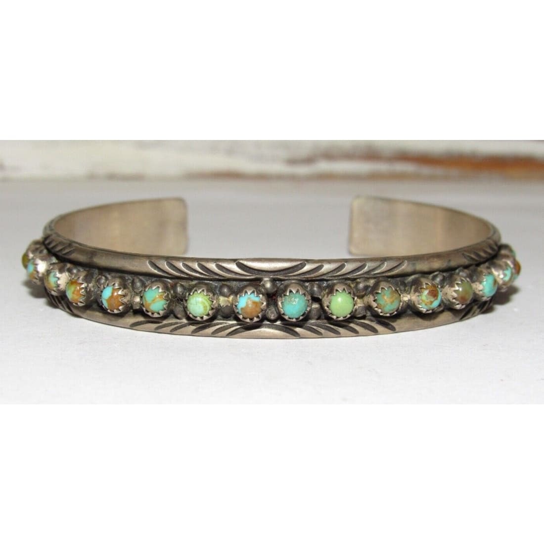 Navajo Royston Turquoise Stacker Cuff Bracelet Sterling Silver Scott Skeets: Stunning sterling silver and gorgeous Royston turquoise Native American Navajo stacker cuff bracelet by the Navajo artist Scott Skeets. Traditional hand etched design, accented with a gorgeous, Roysto
