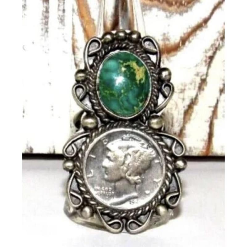 Navajo Sonoran Gold Turquoise Ring Sz 9 Sterling Silver VTG Mercury Dime Coin (1 of 6)