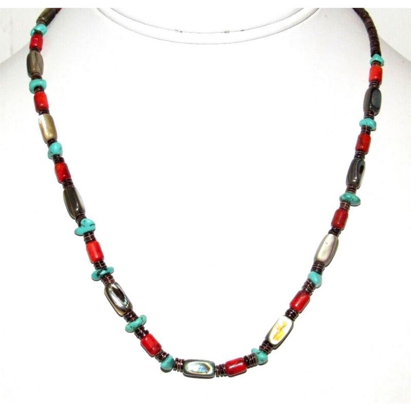 Santo Domingo Rolled Pen Shell Coral Turquoise Heishi Necklace M. Corriz 18": Fab Santo Domingo rolled pen shell & natural, free form turquoise & coral beads heishi necklace with sterling silver hook & eye closure by the Santo Domingo artist M. Coriz. Measures about 18" long. G
