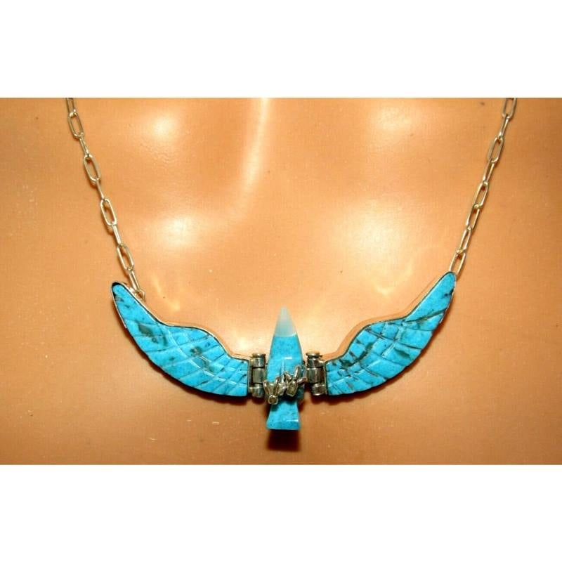 Navajo Carved Kingman Turquoise Eagle Bar Necklace Sterling Silver M. Gishal 3" (1 of 8)