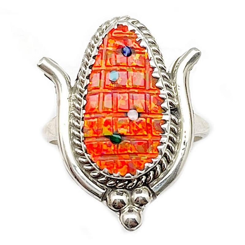 Zuni Opal Corn Maize Ring - Sterling -T. Bowekaty - Size 7.5 (1 of 4)