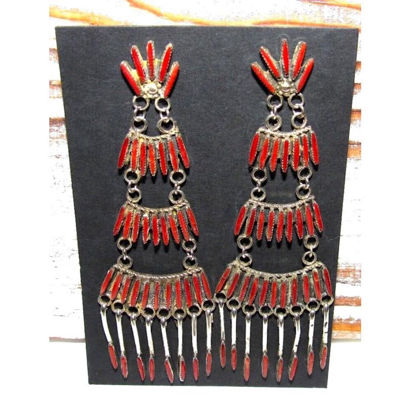 VTG Zuni Needlepoint Coral Dangle Statement Earrings Sterling Silver 4" (1 of 6)