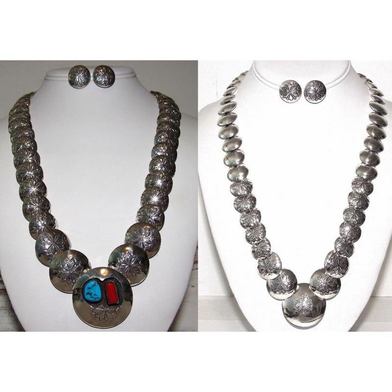 Vintage Navajo Pearls Reversible Necklace Earrings Ingot Pillow Beads Sterling (1 of 3)