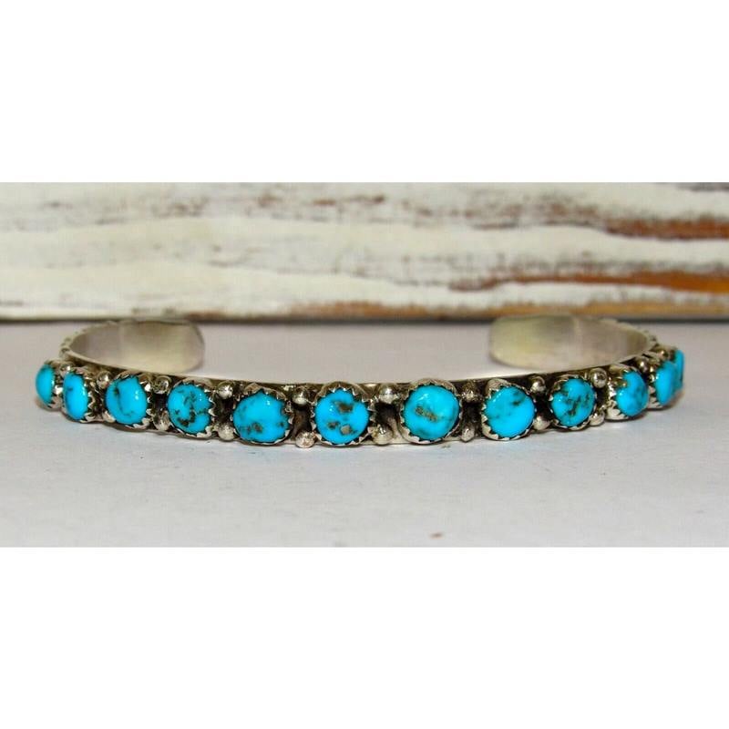 Navajo Kingman Turquoise Stacker Cuff Bracelet Sterling Silver Signed (1 of 5)