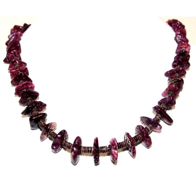 Santo Domingo Rolled Pen Shell & Purple Spiny Heishi Necklace M. Corriz 18": Fab Santo Domingo rolled pen shell & natural, free form purple spiny oyster beads heishi necklace with sterling silver hook & eye closure by the Santo Domingo artist M. Coriz. Measures about 18" long.